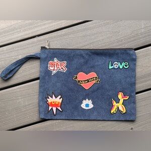 Embroidered Patch Denim Wristlet Clutch
